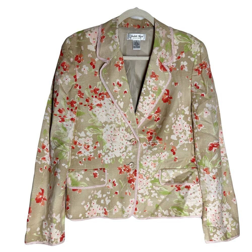Judith Hart Collection Womens Floral Blazer Jacket Size 12 Linen Rayon Blend